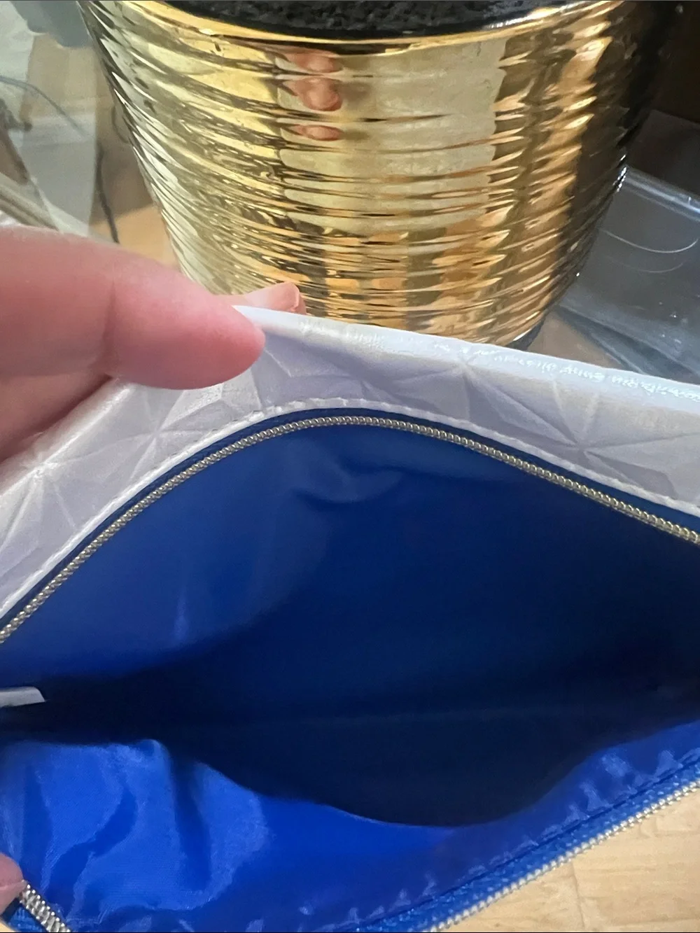 ipsy White Geometric Cosmetic Pouch with Blue Trim and Gold Pull